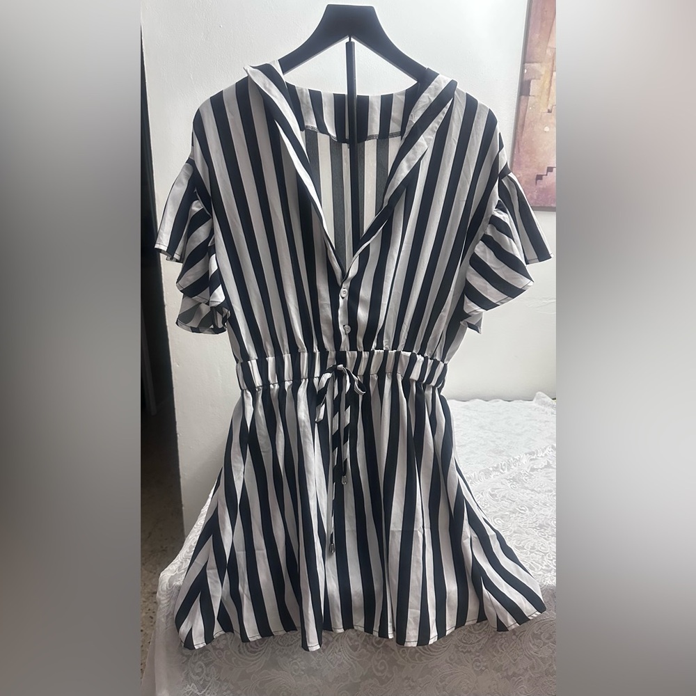 Black White Stripe Button Front Dress XL